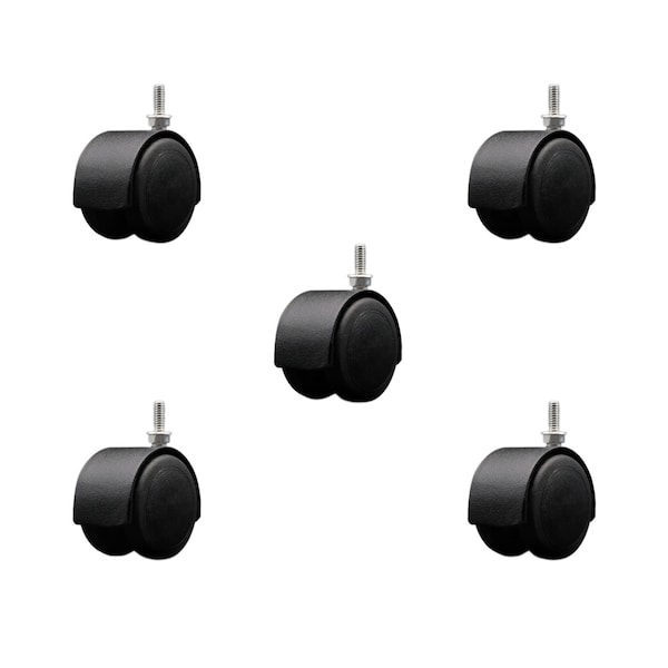 2'' Floor Safe Black Hooded Twin Wheel Caster 1/4 Threaded Stem, 5PK